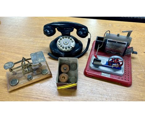 A Mamod steam traction model, a black telephone together with scales and weights (3).