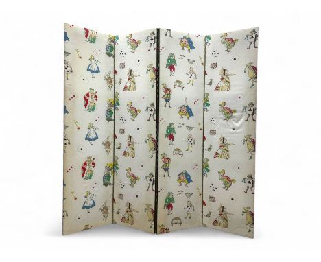 Mid-20th century four-panel folding screen, one side upholstered in fabric depicting Alice in Wonderland characters and playi