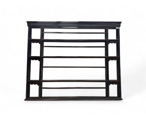 19th century oak delph rack, moulded cornice over four shelves Dimensions: Height:&nbsp;148cm&nbsp; Length/Width:&nbsp;182cm&