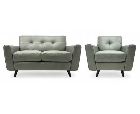 DFS - contemporary 'Camper' two seat sofa, upholstered in French grey leather with button back detailing, on splayed supports