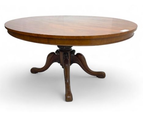 Victorian mahogany breakfast loo table, oval tilt-top on turned pedestal, quatrefoil out-splayed carved supports, scroll carv