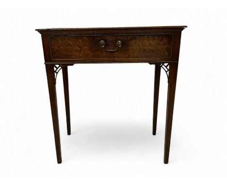 19th century oak side table, rectangular top over single cock-beaded drawers, on square tapering supports with fretwork corne