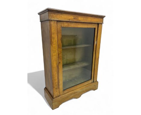 Victorian inlaid walnut pier display cabinet, moulded rectangular top over single glazed door, interior fitted with two shelv