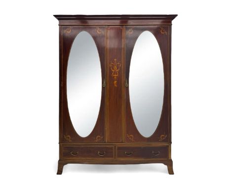 Maples & Co. - Edwardian mahogany wardrobe, projecting cornice over frieze inlaid with checkered stringing, central vertical 