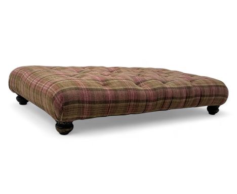 Rectangular footstool, upholstered in buttoned pink tweed, on turned feet Dimensions: Height:&nbsp;26cm&nbsp; Length/Width:&n