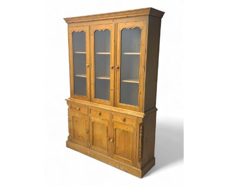 Pine dresser, three raised display cabinets over drawers and cupboards Dimensions: Height:&nbsp;200cm&nbsp; Length/Width:&nbs