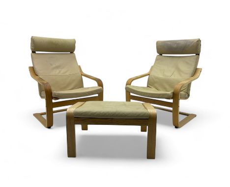 Ikea - pair of 'Poang' cantilever armchairs, upholstered in tan leather; complete with matching footstool (3)Dimensions: Heig