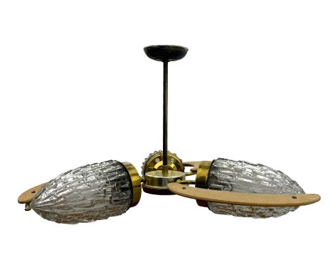 Mid 20th century ceiling light fixture, three pineapple-shaped textured glass shades supported by brass fittings and curved t