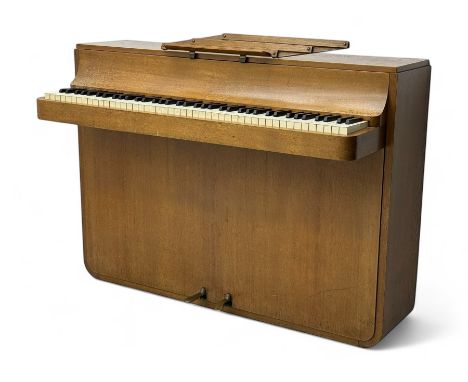 Louis Zwicki - mid-20th century oak cased compact piano, fitted with a folding music rest and full keyboard, dual brass pedal