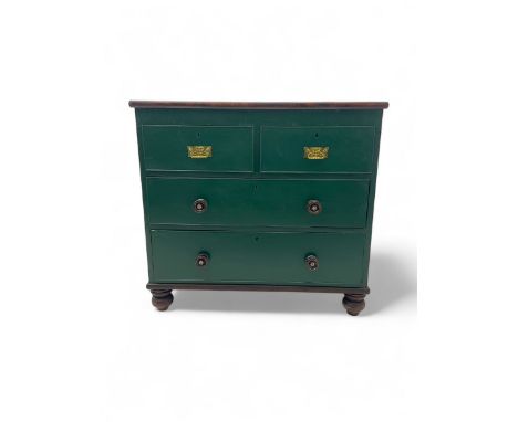 19th century painted chest, rectangular top with painted green finish stencilled with white script "Carpe Diem" and "Fleur Mm