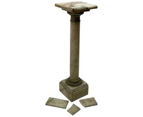 Late 19th century variegated marble torchère or plant stand, square moulded top on column, stepped square base, cast metal up