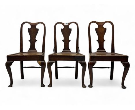 Set of four early 19th century oak chairs, shaped cresting rail over shaped splat, panelled seat, on cabriole supports Dimens