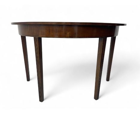 19th century mahogany demi-lune side table, semi-circular top with boxwood string inlay, raised on tapered and fluted support