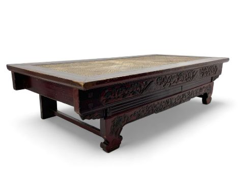 Mid-19th century Qing dynasty opium or wedding bed, Zhejiang province, rectangular top with weave cane work, the frieze rail 