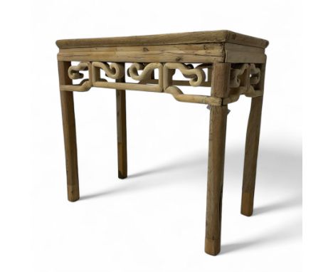 Chinese Ming design elm side table, rectangular top over shaped frieze rails, on square supports with curved outer edge Dimen