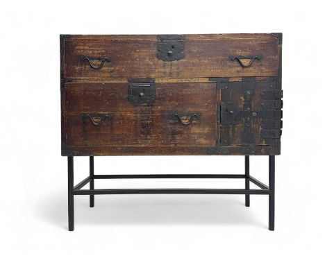 Late 19th century Japanese tansu chest, crafted with a cedar frame and cypress wood panels, original iron fittings throughout