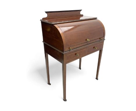 Edwardian inlaid mahogany roll-top desk, cylindrical lid enclosing fitted interior with pigeonholes, drawers and retractable 