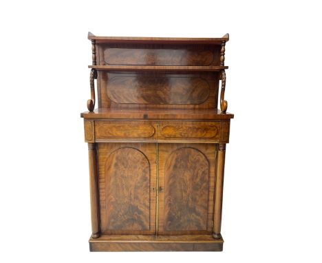 19th century figured mahogany chiffonier, raised two-tier back supported by turned columns and scroll brackets, rectangular t