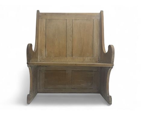 19th century oak tavern bench or settle, high back with panelled constriction, shaped arms and plank seat, raised on shaped e