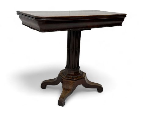 Victorian mahogany tea table, rectangular fold-over and swivel action top with rounded corners, ogee moulded frieze with appl