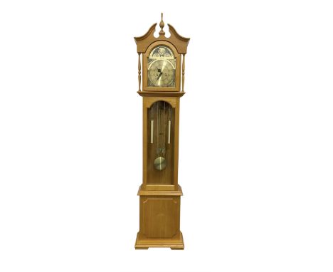 20th century  - Pine cased month going Granddaughter clock in an oak case, with a glazed trunk door, visible gridiron pendulu