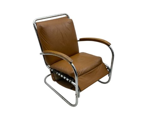 Mid-20th century chrome framed easy armchair, cushioned leather seat and back, with beech armsDimensions: Height:&nbsp;84cm&n