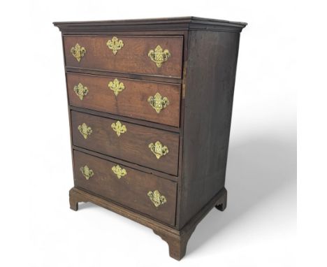 George III oak narrow chest, rectangular top with moulded edge over four graduated cockbeaded drawers, on shaped bracket feet