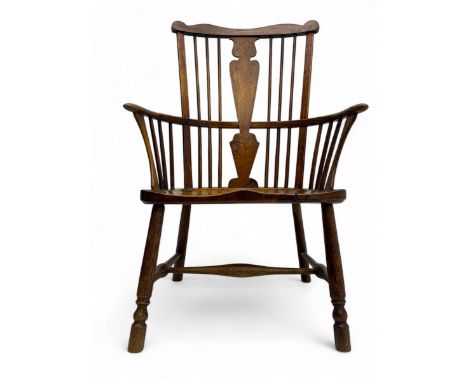 Early-to-mid 19th century elm and ash high-back Windsor armchair, central vase-shaped splat flanked by slender vertical spind