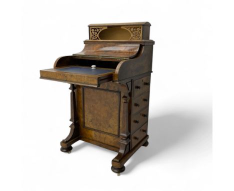 Victorian burr walnut davenport desk, serpentine-fronted sloping fall with inset gilt-tooled leather writing surface, opening