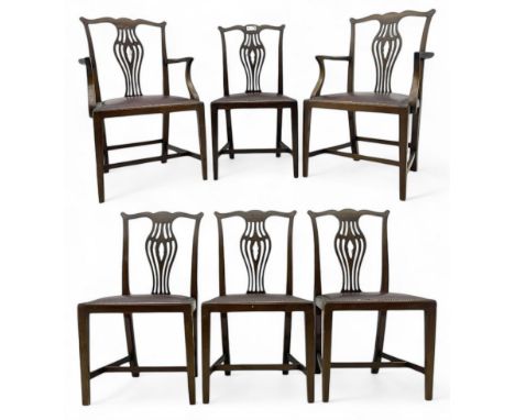 Set of six (4+2) 19th century Chippendale-design mahogany dining chairs, shaped cresting rail over pierced bulbous vase-shape
