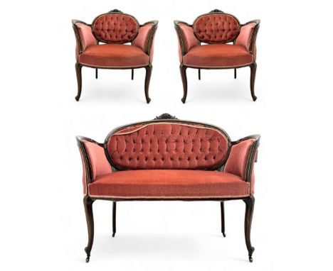 Edwardian inlaid rosewood parlour suite, comprising pair of tub shaped armchairs (W77cm, D69cm, H88cm); and matching two-seat