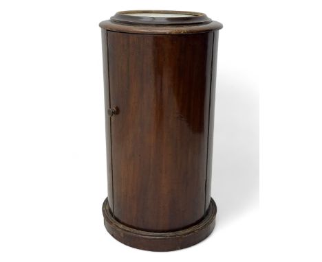 Victorian mahogany cylindrical bedside pot cupboard, circular top with marble inset, enclosed by single door, on moulded plin