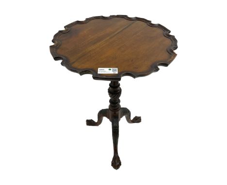 Georgian design mahogany tripod table, pie-crust moulded circular top, raised on turned and fluted column with twist baluster