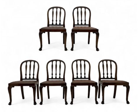 Set of six early 20th century Hepplewhite design mahogany dining chairs, moulded arched frame back, three shaped vertical rai