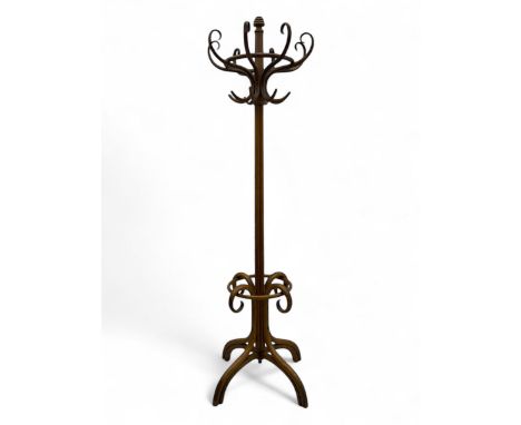 Early 20th century bentwood hat and coat stand, the central column surmounted by a finial and fitted with eight scrolling coa