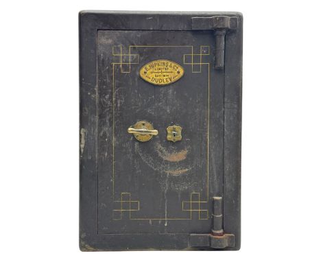 Late 19th to early 20th century Empkins & Co. Dudley iron safe, black-painted body adorned with gilt detailing, single lockin