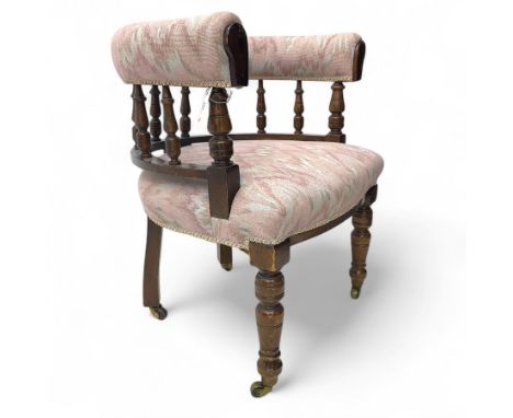 Early 20th century mahogany barrel-back armchair, curved padded backrest and seat upholstered in pink flame stitch pattern fa