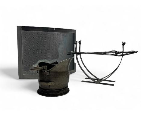 Burnished metal fire set - curved spark guard (W77cm, H60cm); log basket; companion set; helmet coal bucket 