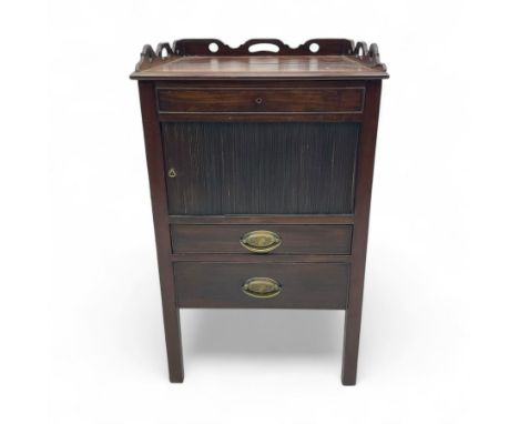 19th century mahogany night cabinet, rectangular top with raised gallery with pierced handle cutouts, tambour front cupboard 