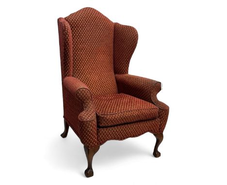 Early 20th century hardwood-framed wingback armchair, upholstered in red dotted fabric, on cabriole feetDimensions: Height:&n