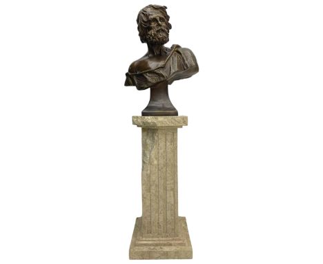 Large bronzed bust of a Greek scholar, upon socle base, and marble effect composition plinth, bronze H71cm, overall H162cm Co