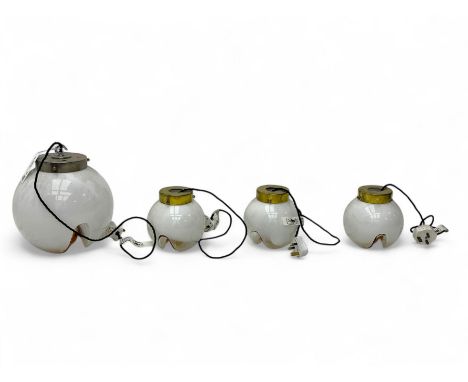 Mid-20th century Italian spherical opaque glass light fitting (D24cm); together with a set of three similar light fittings (D