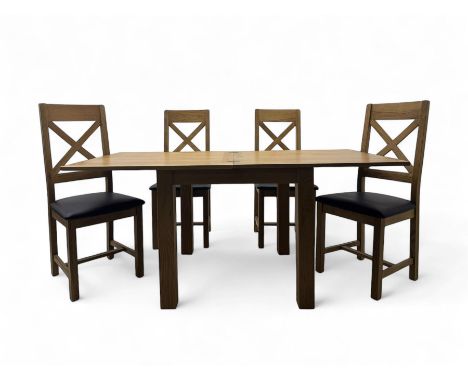 Oak extending dining table, square pull-out action top with folding butterfly leaf, on straight square supports; set of four 