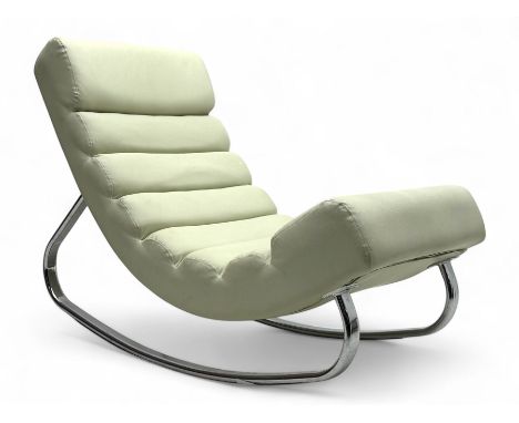 Cream leather modernist rocking chair, leather upholstery with horizontal channel stitching, supported by a chrome-plated tub