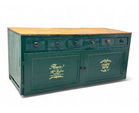 19th century green painted pine dresser base, stripped top, fitted with six drawers and two cupboardsDimensions: Height:&nbsp