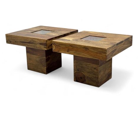 Pair of contemporary hardwood occasional tables, square tops with central recessed acrylic panels, on block pedestal basesDim