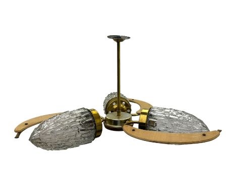 Mid 20th century ceiling light fixture, three pineapple-shaped textured glass shades supported by brass fittings and curved t