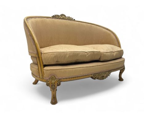 French Louis XV design walnut framed sofa, tub-shaped upholstered back with gilt foliate carved crest, padded seat with twin 