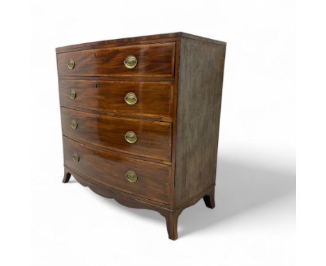 George III mahogany bow-front chest of drawers, four graduated drawers with oval brass handles, raised on splayed bracket fee