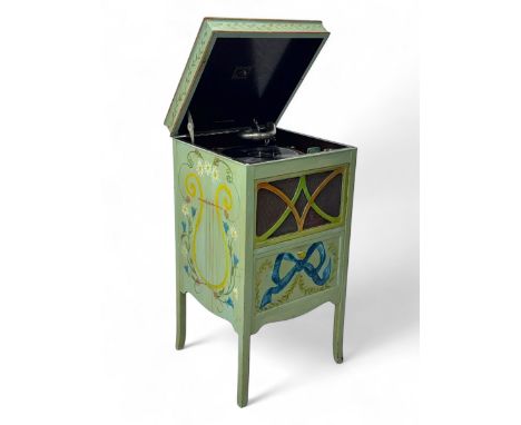 Early 20th century "His Master's Voice" gramophone cabinet, rectangular form with hand-painted floral and bow decoration, hin